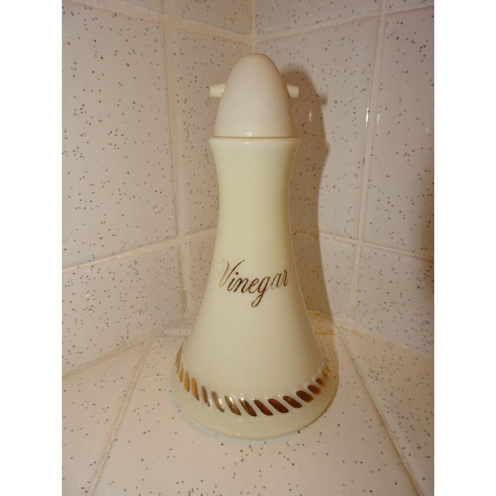 Vintage Tapered White Milk Ceramic Gold Trim Vinegar Cruet Shaker 2 Spouts